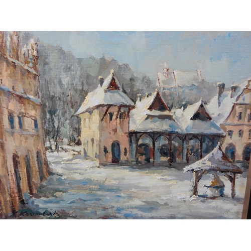 508 - Polish: Oil on Canvas: Village Scene: Signed Lower Left: 