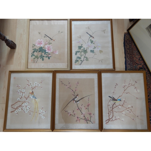 511 - Japanese Silk Pictures Depicting Birds: Red Seal Marks: Framed & Glazed: 48.5cm x 37.5cm overall