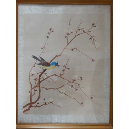 511 - Japanese Silk Pictures Depicting Birds: Red Seal Marks: Framed & Glazed: 48.5cm x 37.5cm overall