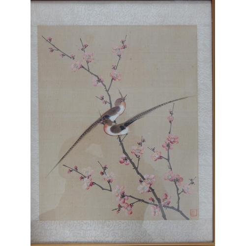 511 - Japanese Silk Pictures Depicting Birds: Red Seal Marks: Framed & Glazed: 48.5cm x 37.5cm overall