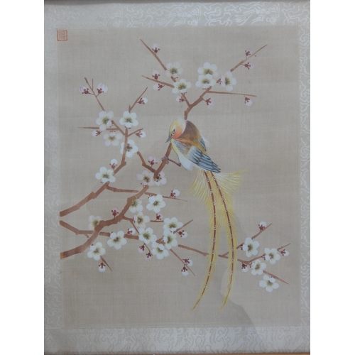 511 - Japanese Silk Pictures Depicting Birds: Red Seal Marks: Framed & Glazed: 48.5cm x 37.5cm overall