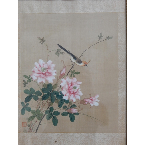 511 - Japanese Silk Pictures Depicting Birds: Red Seal Marks: Framed & Glazed: 48.5cm x 37.5cm overall