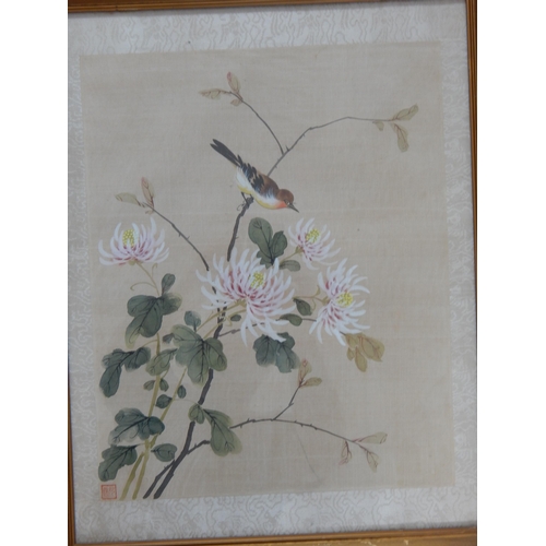 511 - Japanese Silk Pictures Depicting Birds: Red Seal Marks: Framed & Glazed: 48.5cm x 37.5cm overall