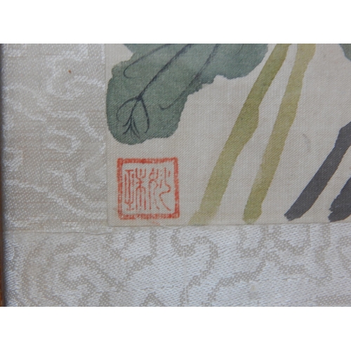 511 - Japanese Silk Pictures Depicting Birds: Red Seal Marks: Framed & Glazed: 48.5cm x 37.5cm overall