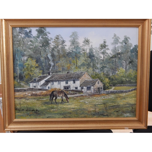 519 - DENYS GARLE: C20th Oil on Canvas: Landscape with Horse & Cottage: Signed Lower Right: Framed: 69.5cm... 