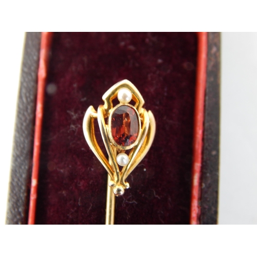 63 - Vintage 15ct Yellow Gold Tie Pin Set with a Ruby between two Seed Pearls: In Original Fitted Case