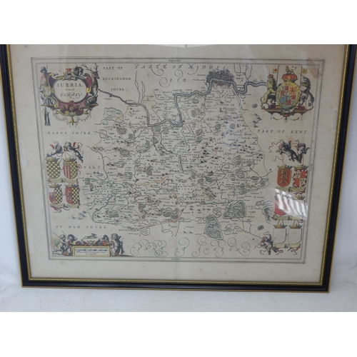 490 - An Antique Coloured Map of Surrey C18th/C19th: Framed & Glazed: Measuring 60cm x 50cm overall