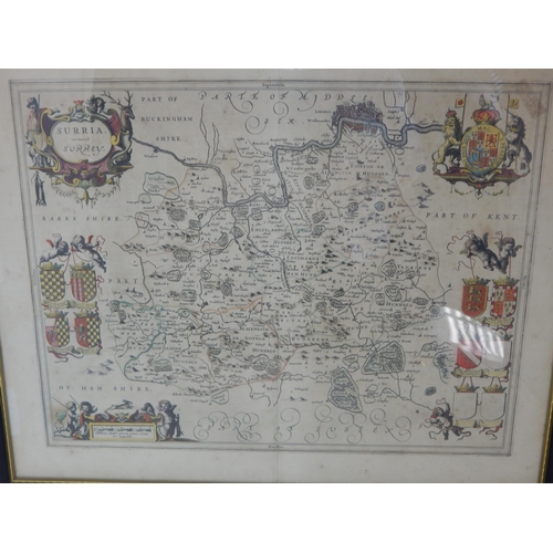 490 - An Antique Coloured Map of Surrey C18th/C19th: Framed & Glazed: Measuring 60cm x 50cm overall