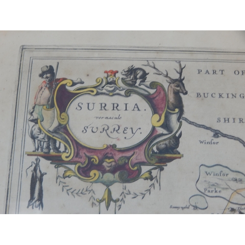 490 - An Antique Coloured Map of Surrey C18th/C19th: Framed & Glazed: Measuring 60cm x 50cm overall