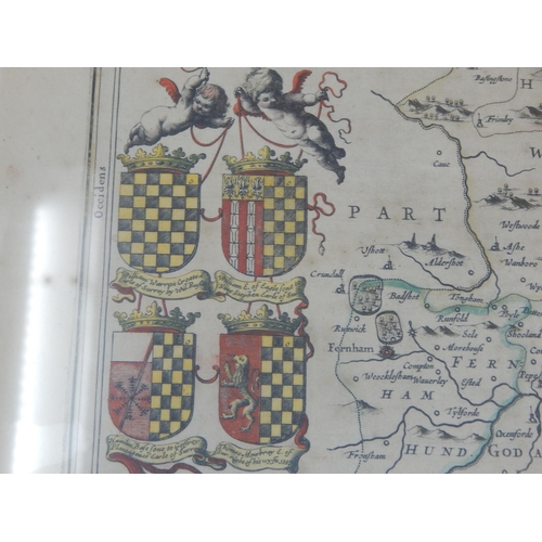 490 - An Antique Coloured Map of Surrey C18th/C19th: Framed & Glazed: Measuring 60cm x 50cm overall