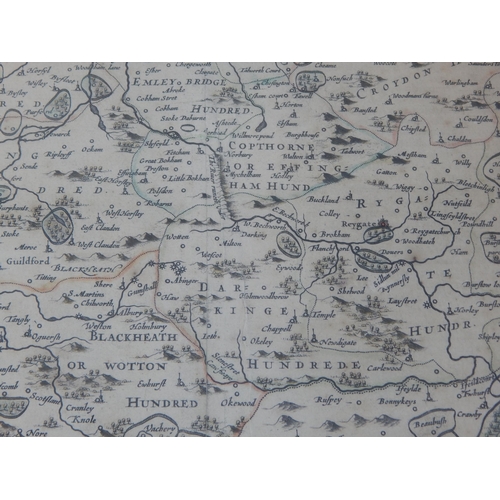 490 - An Antique Coloured Map of Surrey C18th/C19th: Framed & Glazed: Measuring 60cm x 50cm overall