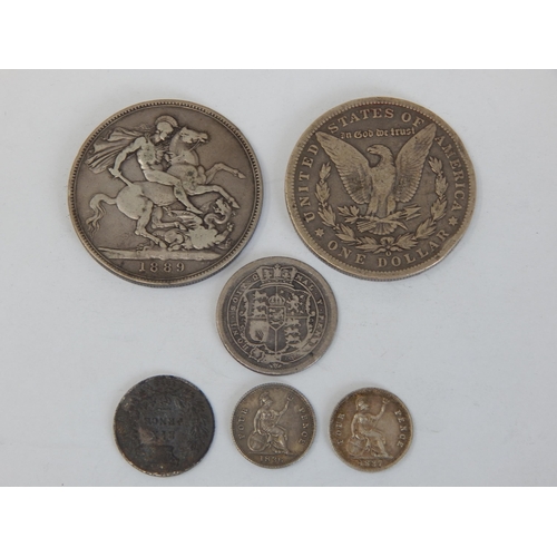 86 - KGIII Silver Shilling 1816, KWIV Silver 4d's 1836/1837, QV Silver 6d 1873, QV Silver Crown 1889, U.S... 