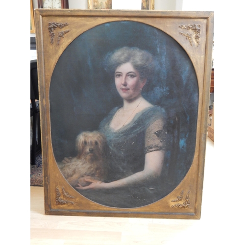 543 - I. SABATINI: Large 19th Century Oil on Canvas of Constance Lardelli with her dog: Framed: Measuring ... 