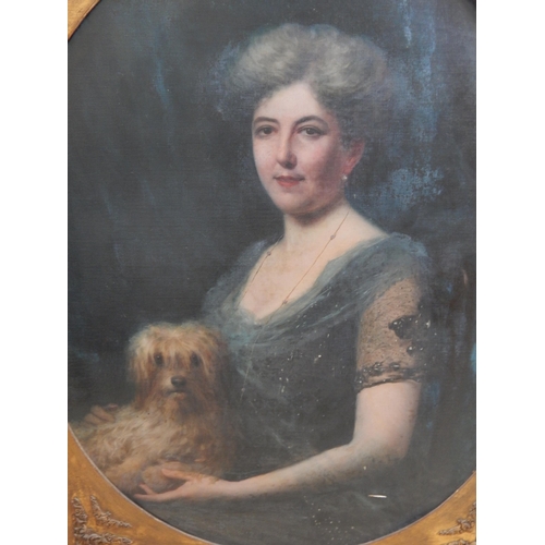 543 - I. SABATINI: Large 19th Century Oil on Canvas of Constance Lardelli with her dog: Framed: Measuring ... 