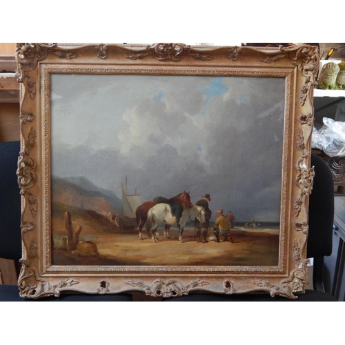 545 - c19th Continental School, Oil on Canvas depicting figures & horses on the beach with boats at sea: F... 