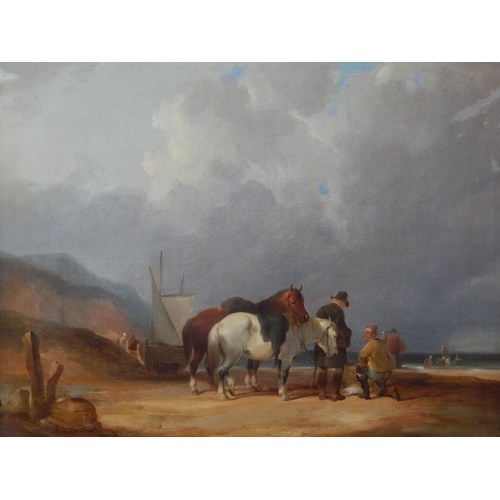 545 - c19th Continental School, Oil on Canvas depicting figures & horses on the beach with boats at sea: F... 