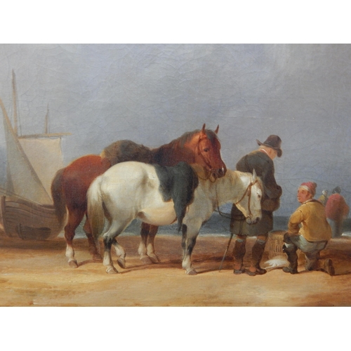 545 - c19th Continental School, Oil on Canvas depicting figures & horses on the beach with boats at sea: F... 