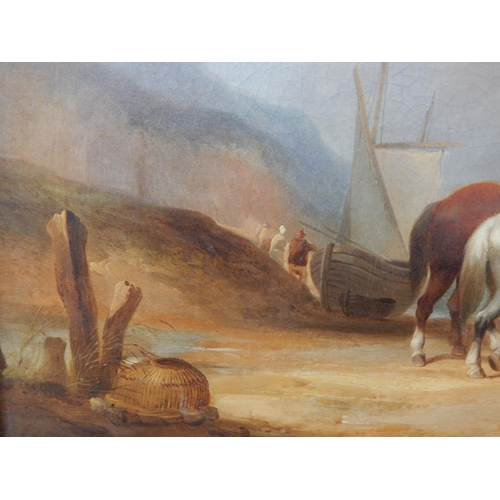 545 - c19th Continental School, Oil on Canvas depicting figures & horses on the beach with boats at sea: F... 