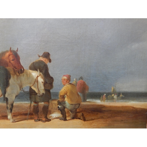 545 - c19th Continental School, Oil on Canvas depicting figures & horses on the beach with boats at sea: F... 