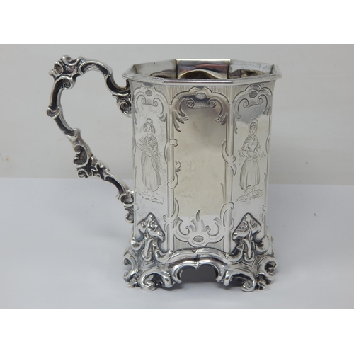 101 - Early Victorian Silver Octagonal Tankard, Panels of Figural Decoration with Rococo Style base & Hand... 