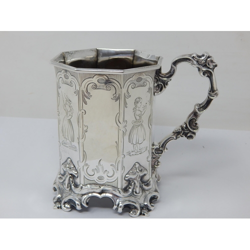 101 - Early Victorian Silver Octagonal Tankard, Panels of Figural Decoration with Rococo Style base & Hand... 