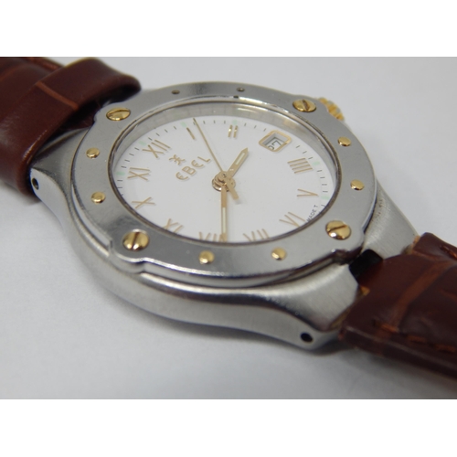 213 - Ladies EBEL Sportwave Wristwatch with Date Aperture on Leather Strap: Working when catalogued.