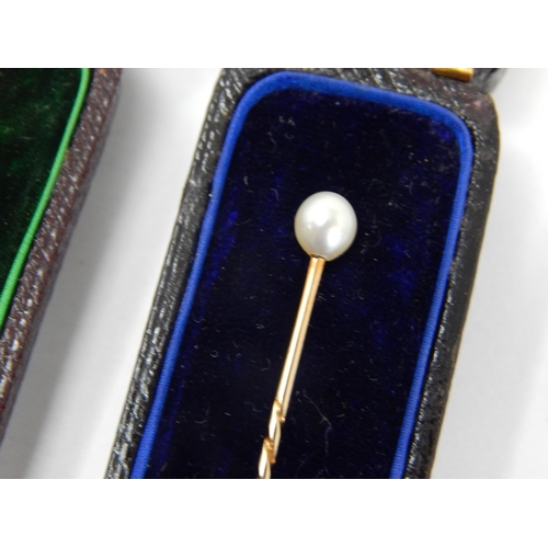 284 - Two Late 19th Century Gold Tie/Stick Pins Set with Pearls in Original Fitted Cases