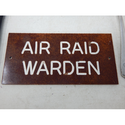 601 - WWII Bakelite Air Raid Warden Door Plaque, RAF Insignia Knife & Fork, Surrey Yeomanry Fork, U.S 1st ... 