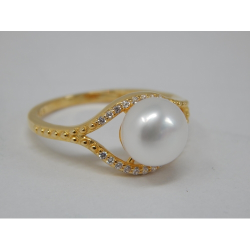 275 - A New Sterling Silver Gilt Pearl & CZ Set Ring: Size M