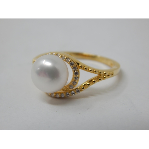 275 - A New Sterling Silver Gilt Pearl & CZ Set Ring: Size M