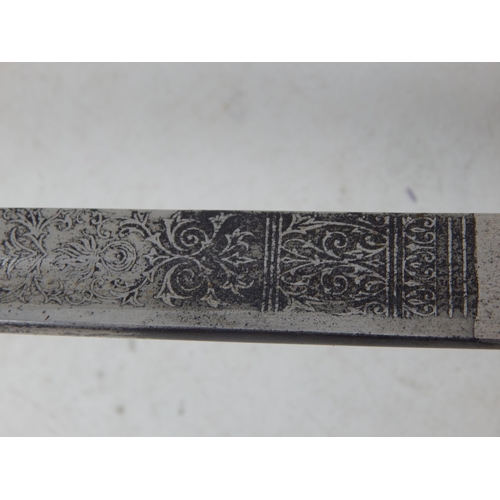 613 - 1876 Pattern Military Sword with etched curved blade & original scabbard: Overall length 102cm