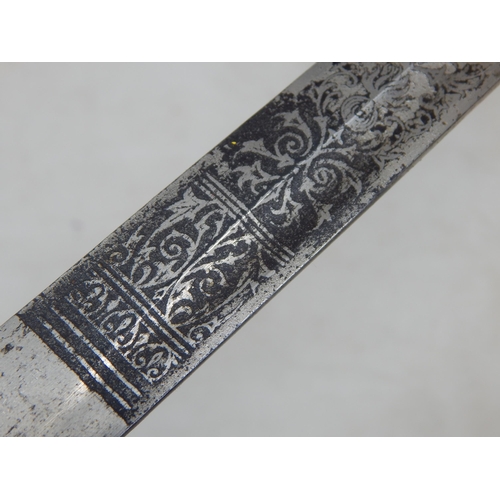 613 - 1876 Pattern Military Sword with etched curved blade & original scabbard: Overall length 102cm