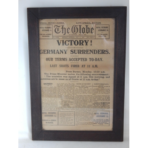 614 - WWI Framed Front Page of The Globe: Monday November 11th 1918: 