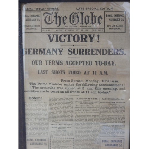 614 - WWI Framed Front Page of The Globe: Monday November 11th 1918: 