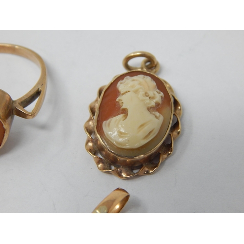 225 - 9ct Gold Tested Cameo Brooches, Pendant & Ring