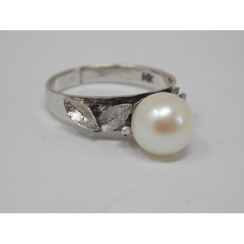 228 - 14ct White Gold Ring Set with a Central Pearl: Ring Size N: Gross weight 3.4g