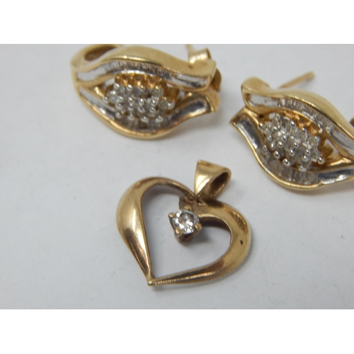 231 - A Pair of 9ct Yellow Gold Diamond Set Earrings together with a 9ct Gold Heart Shaped Pendant: Gross ... 