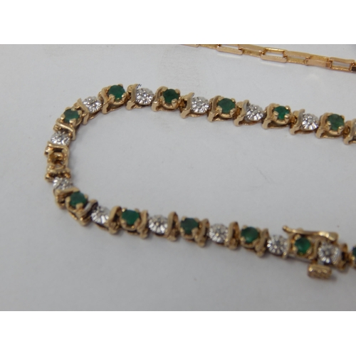 239 - 9ct Yellow Gold Diamond & Emerald Set Tennis Bracelet together with a further 9ct Gold Bracelet: Gro... 