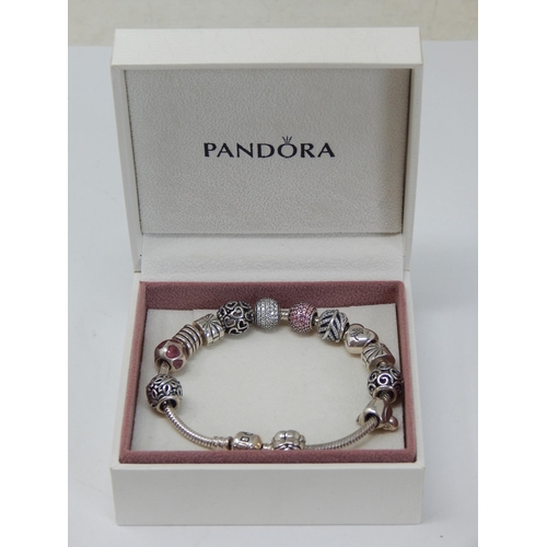 Pandora Silver Charm Bracelet with 10 Charms in Original Fitted Case