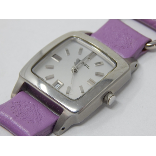 245 - Ladies Fossil Wristwatch with Date Aperture @ 6 o'clock on Original Purple Strap