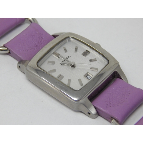 245 - Ladies Fossil Wristwatch with Date Aperture @ 6 o'clock on Original Purple Strap