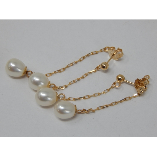 399 - A Pair of 14ct Yellow Gold Twin Pearl Drop Earrings in Fitted Case