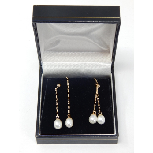 399 - A Pair of 14ct Yellow Gold Twin Pearl Drop Earrings in Fitted Case