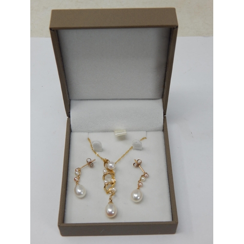 400 - 9ct Yellow Gold Pearl Pendant on 9ct Gold Chain (46cm) with matching 9ct Gold Pearl earrings in Pres... 