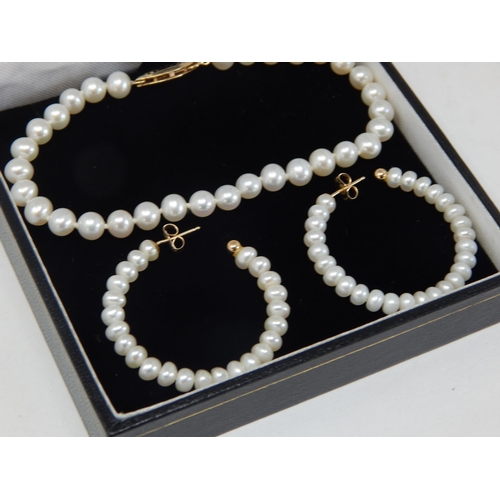 413 - A Pearl Bracelet & Earrings with 14ct Gold Mounts in Presentation Box