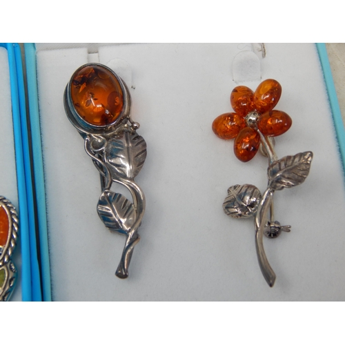 429 - 8 x Sterling Silver & Enamel Brooches, Amber Set Brooches, Gem Set Brooches