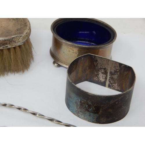 130 - A Quantity of Silver & Silver Mounted Items Including: Napkin Ring, Salt, Spoons, Clothes Brush, Kni... 