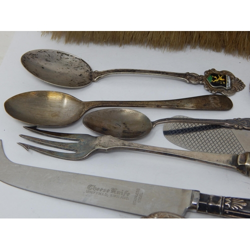 130 - A Quantity of Silver & Silver Mounted Items Including: Napkin Ring, Salt, Spoons, Clothes Brush, Kni... 