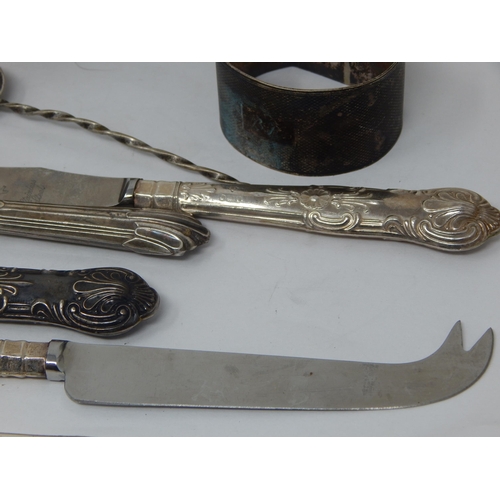 130 - A Quantity of Silver & Silver Mounted Items Including: Napkin Ring, Salt, Spoons, Clothes Brush, Kni... 