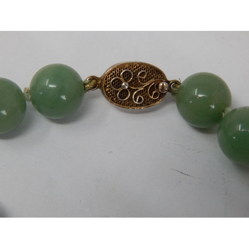 259 - Jade/Jadeite Necklace comprising 50 individually knotted beads with silver & gilded clasp: Length 66... 